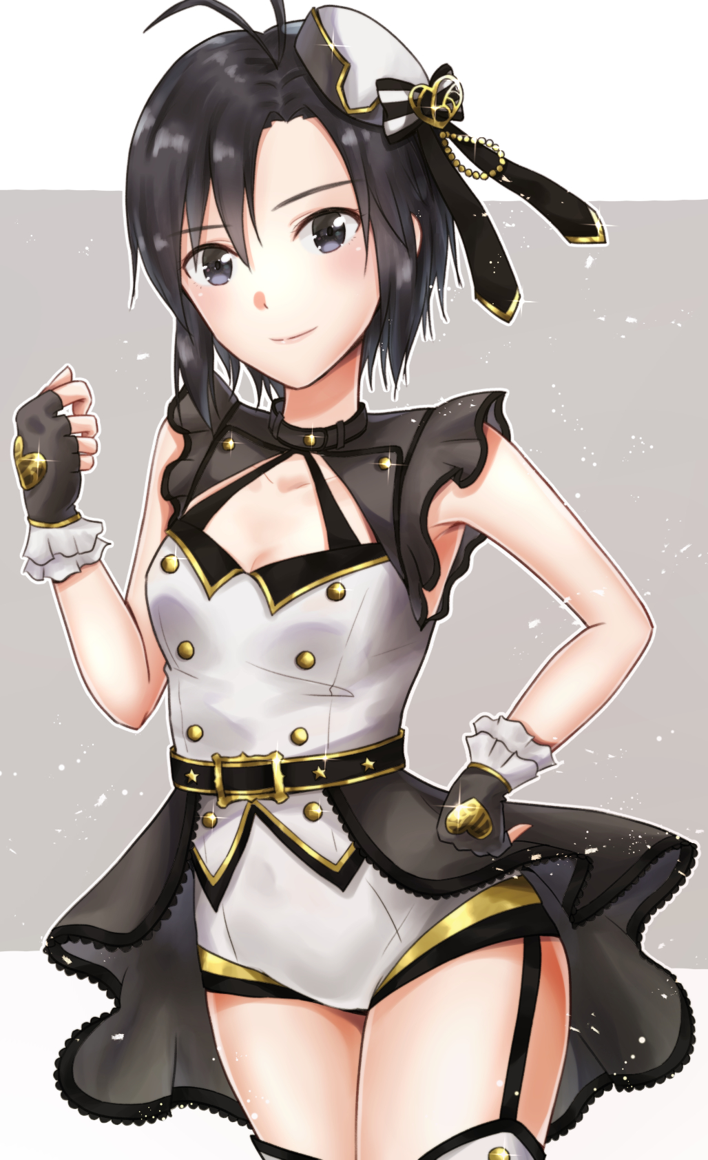 1girl antenna_hair black_eyes black_gloves black_hair black_ribbon bow breasts cape cleavage cleavage_cutout cowboy_shot eyebrows_visible_through_hair fingerless_gloves garter_straps gloves grey_cape hair_between_eyes hand_on_hip hat hat_bow hat_ribbon heart highres idolmaster idolmaster_(classic) kikuchi_makoto looking_at_viewer mogskg ribbon short_hair short_shorts shorts sleeves small_breasts smile solo sparkle standing striped striped_bow thigh-highs top!_clover waist_cape white_headwear white_shorts zettai_ryouiki