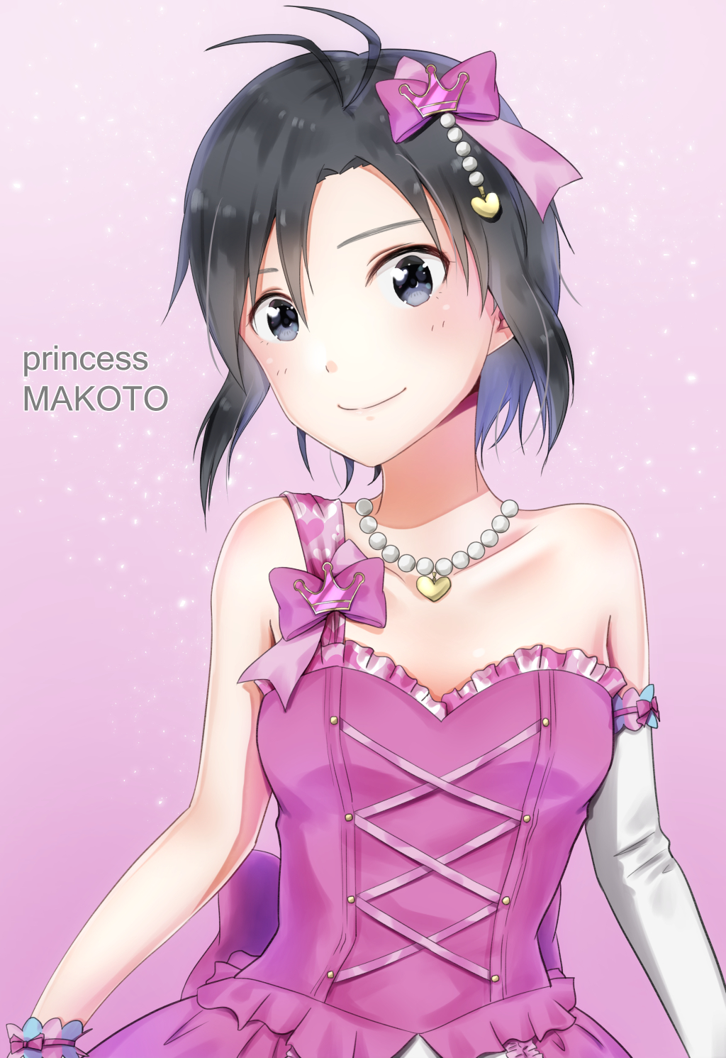 1girl antenna_hair asymmetrical_sleeves back_bow black_eyes black_hair bow breasts character_name collarbone detached_sleeves hair_bow hair_ornament head_tilt heart heart_hair_ornament heart_necklace highres idolmaster idolmaster_(classic) kikuchi_makoto long_sleeves mogskg pink_background purple_bow short_hair single_sleeve small_breasts smile solo upper_body white_sleeves