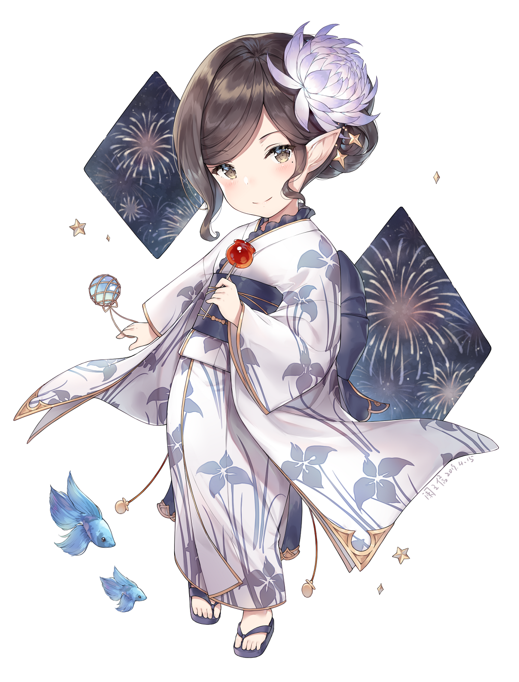 1girl aerial_fireworks arulumaya ayuanlv black_hair blush brown_eyes candy_apple creature fireworks floral_print flower food full_body granblue_fantasy hair_flower hair_ornament harvin highres holding holding_food japanese_clothes kimono long_sleeves looking_at_viewer mole mole_under_eye obi pointy_ears print_kimono purple_flower sandals sash short_hair sidelocks smile solo standing star tied_hair wavy_hair white_kimono wide_sleeves yukata