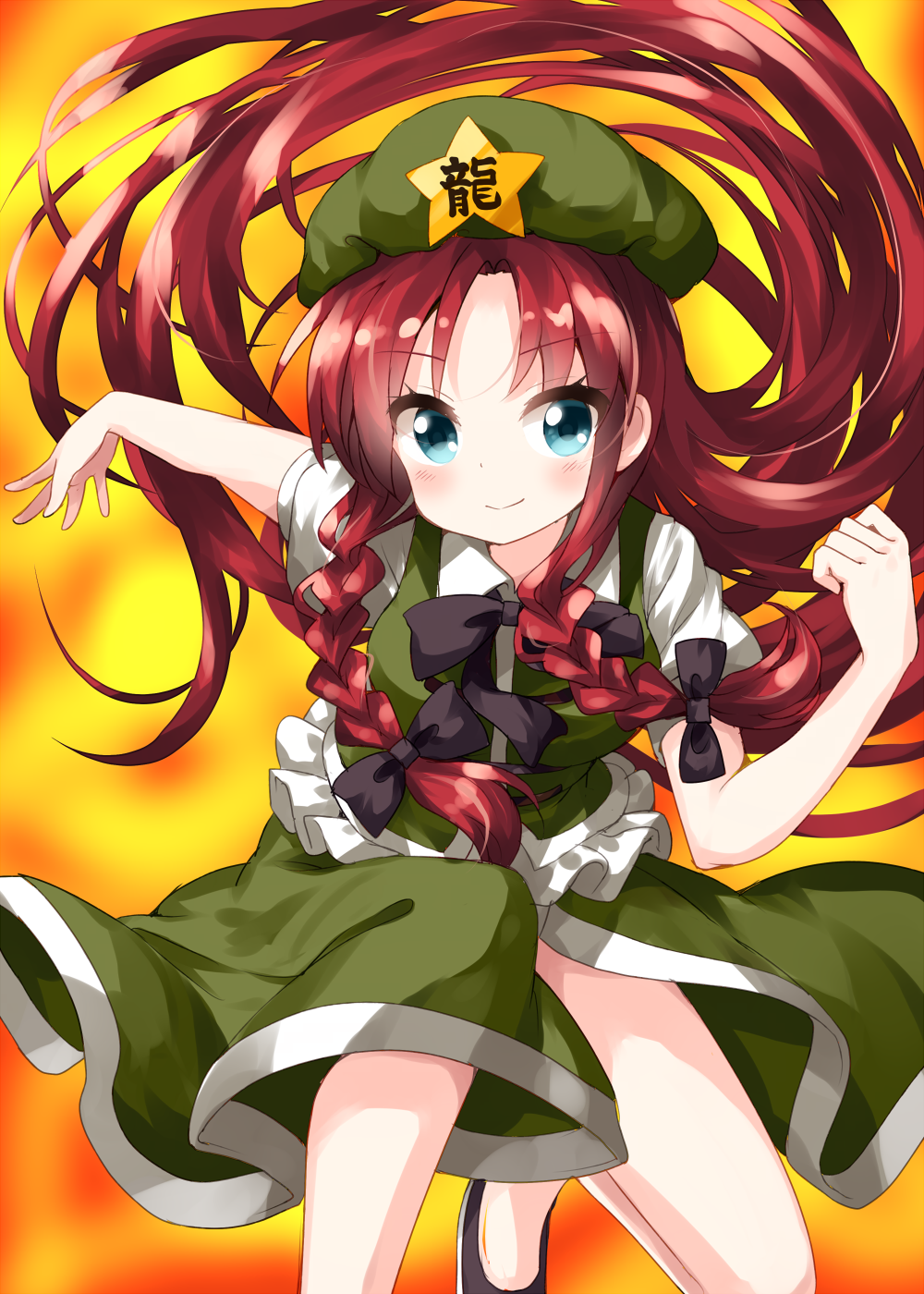 1girl arm_up arms_behind_back bangs bending_forward black_footwear blue_eyes blush braid curled_fingers eyebrows_visible_through_hair fiery_background fighting_stance fire green_skirt green_vest hair_ribbon highres hong_meiling long_hair looking_at_viewer one_knee parted_bangs puffy_short_sleeves puffy_sleeves redhead ribbon ruu_(tksymkw) shirt short_sleeves skirt smile solo touhou tress_ribbon twin_braids very_long_hair vest white_shirt