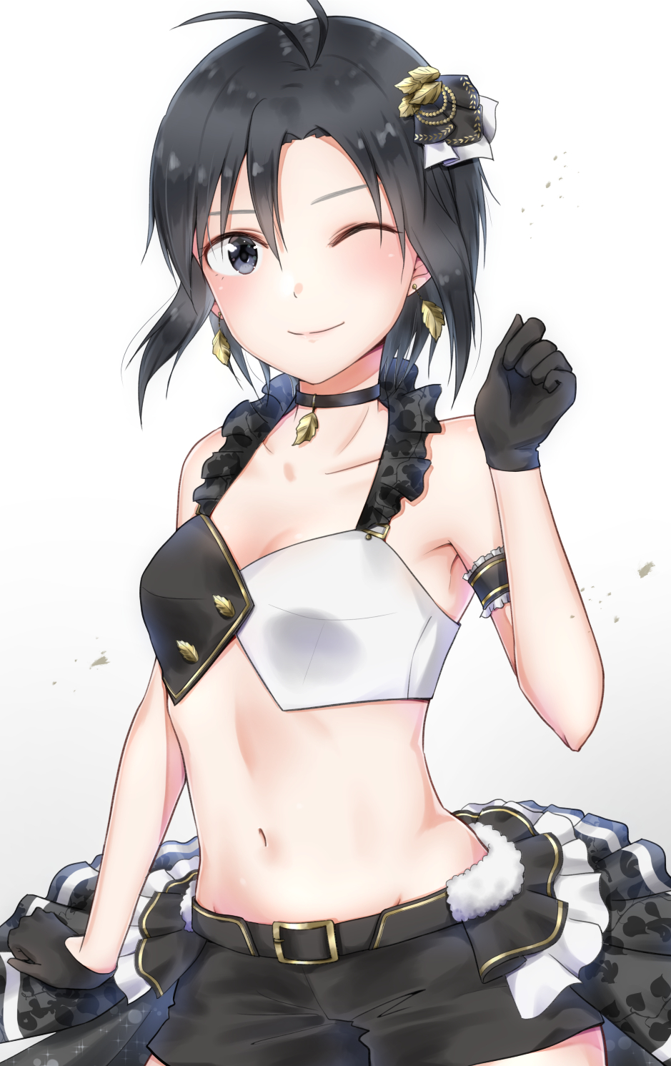 1girl ;) antenna_hair arm_strap belt black_eyes black_gloves black_hair black_shorts breasts choker cleavage collar earrings feather_earrings gloves groin hair_between_eyes hair_ornament highres idolmaster idolmaster_(classic) jewelry kikuchi_makoto looking_at_viewer midriff mogskg navel one_eye_closed overskirt short_hair short_shorts shorts simple_background small_breasts smile solo standing stomach white_background yellow_feathers