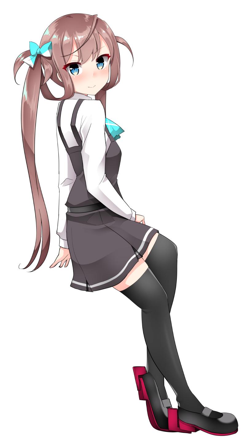 1girl asagumo_(kantai_collection) ascot black_legwear blue_neckwear blush brown_hair commentary_request disconnected_mouth dress grey_eyes hair_ribbon highres invisible_chair kantai_collection kirigakure_(kirigakure_tantei_jimusho) light_smile long_hair looking_at_viewer mary_janes original_remodel_(kantai_collection) pinafore_dress ribbon shirt shoes sitting solo thigh-highs twintails white_background white_shirt