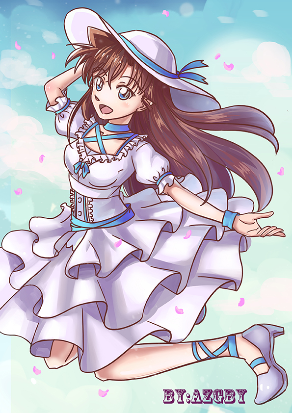 1girl :d artist_name azgby blue_eyes blue_ribbon brown_hair choker collarbone corset criss-cross_halter dress eyebrows_visible_through_hair floating_hair grey_footwear hair_between_eyes halterneck hand_on_headwear hat hat_ribbon layered_dress long_hair meitantei_conan mouri_ran open_mouth petals ribbon short_sleeves smile solo sun_hat very_long_hair white_dress white_headwear wristband