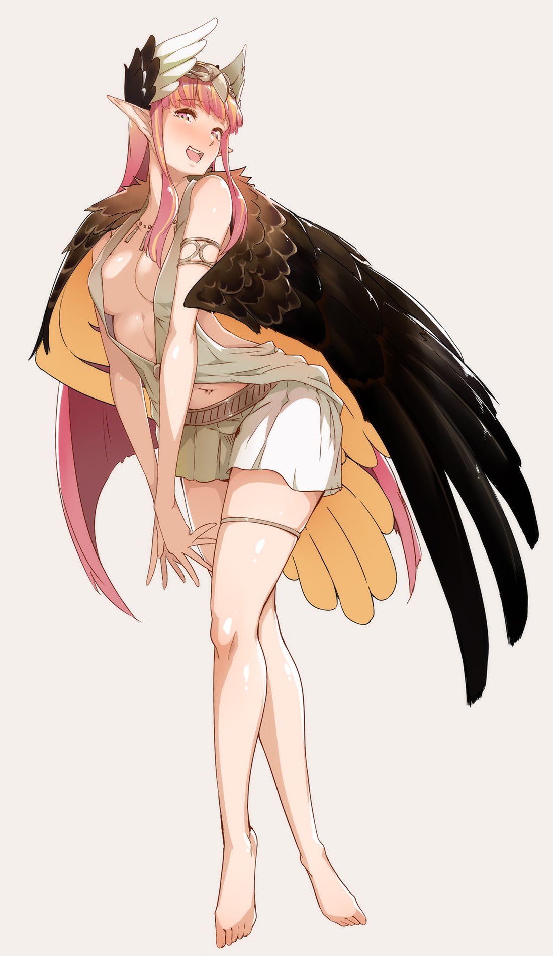 1girl armlet bangs bare_shoulders barefoot belt blush breasts center_opening circe_(fate/grand_order) fate/grand_order fate_(series) feathered_wings feet full_body head_wings headpiece highres jewelry legs long_hair looking_at_viewer medium_breasts navel necklace open_mouth pink_hair pointy_ears sidelocks simple_background skirt smile solo thighlet thighs tokiwa_midori_(kyokutou_funamushi) white_background white_skirt wings