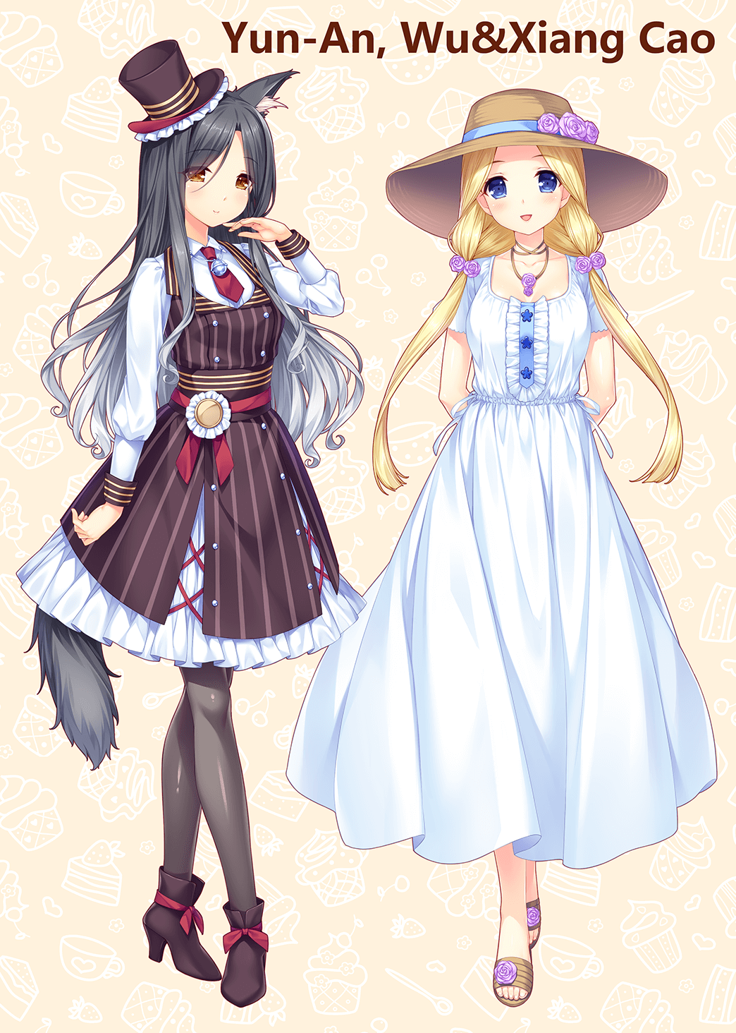 2girls :d animal_ear_fluff animal_ears arm_at_side arms_behind_back bell black_footwear black_hair black_legwear blonde_hair blue_eyes boots brown_eyes cat_ears cat_girl cat_tail center_frills character_name collarbone commissioner_insert dress eyebrows_visible_through_hair flower food_background full_body gradient_hair grey_hair hair_flower hair_ornament hair_over_one_eye hand_up hat high_heel_boots high_heels highres jewelry jingle_bell long_hair long_sleeves looking_at_viewer low_twintails mini_hat mini_necktie mini_top_hat multicolored_hair multiple_girls neck_bell necklace nekopara open_mouth original red_neckwear sayori short_sleeves smile standing striped sun_hat tail tilted_headwear top_hat twintails vertical_stripes white_dress yellow_background