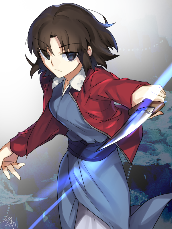 1girl blue_eyes blue_kimono brown_hair dutch_angle expressionless jacket japanese_clothes kara_no_kyoukai kimono knife looking_at_viewer motion_lines nikame obi ryougi_shiki sash short_hair solo