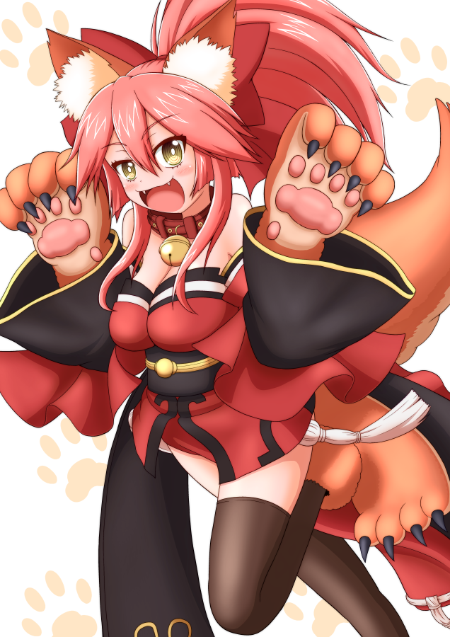 1girl animal_ear_fluff animal_ears bare_shoulders bell bell_collar blush_stickers breasts cat_hair_ornament cat_paws cleavage collar fangs fate/grand_order fate_(series) fox_ears fox_girl fox_tail gloves hair_ornament hair_ribbon jingle_bell large_breasts long_hair looking_at_viewer paw_gloves paw_shoes paws pink_hair ponytail red_ribbon ribbon shararan_(hoshizoraya) shoes simple_background solo tail tamamo_(fate)_(all) tamamo_cat_(fate) white_background yellow_eyes