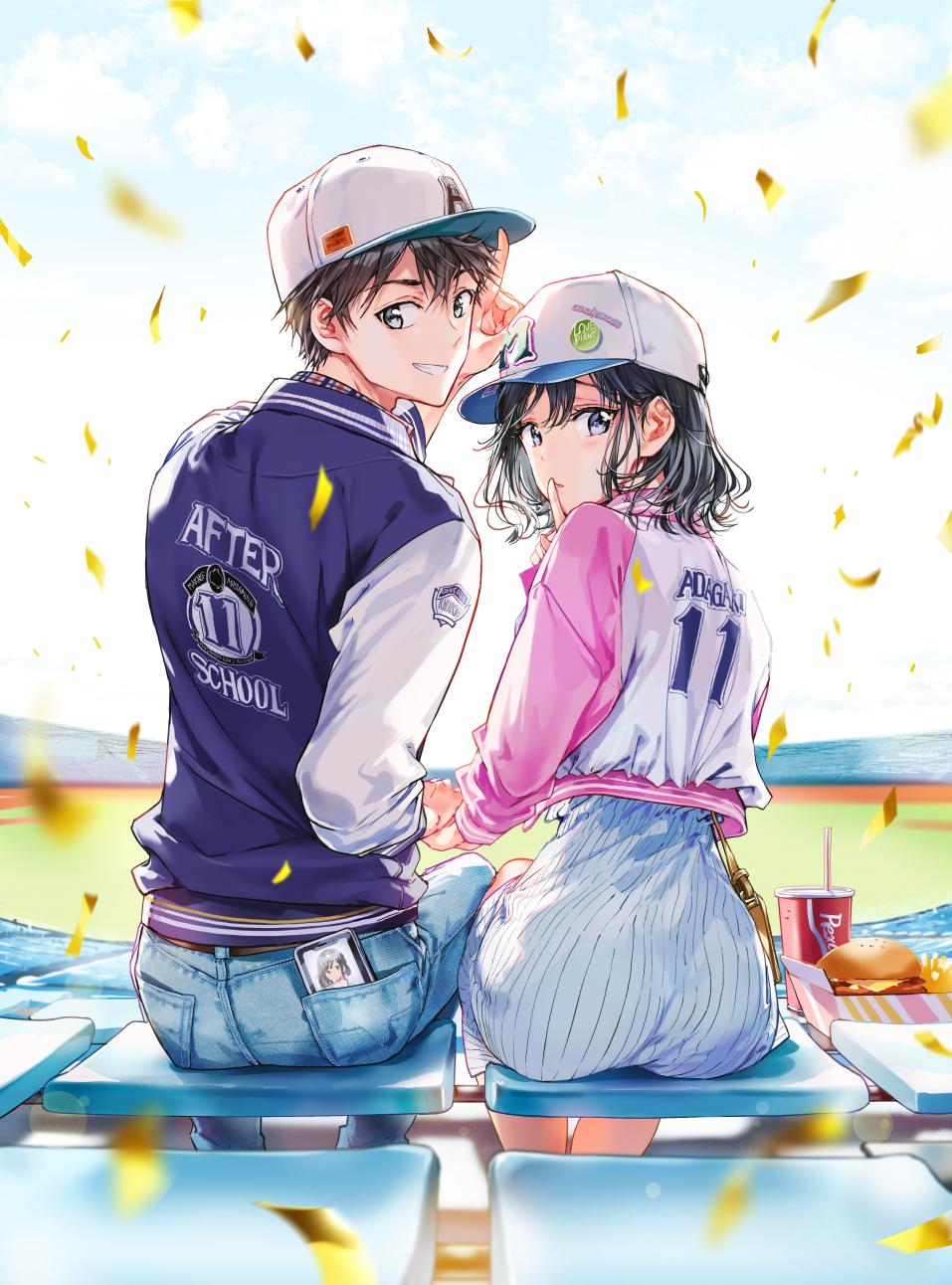 1boy 1girl adagaki_aki ass back bag baseball_cap belt black_eyes black_hair cellphone clouds cola denim dress eyebrows_visible_through_hair food french_fries from_behind hamburger hat highres jacket jeans looking_at_viewer makabe_masamune masamune-kun_no_revenge pants phone pocket short_hair shoulder_bag sitting sky smartphone tiv wavy_hair