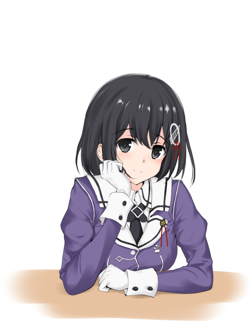 1girl black_hair brown_eyes disconnected_mouth gloves haguro_(kantai_collection) hair_ornament kantai_collection looking_at_viewer military military_uniform nn_tasu remodel_(kantai_collection) short_hair simple_background smile solo table uniform upper_body white_background white_gloves