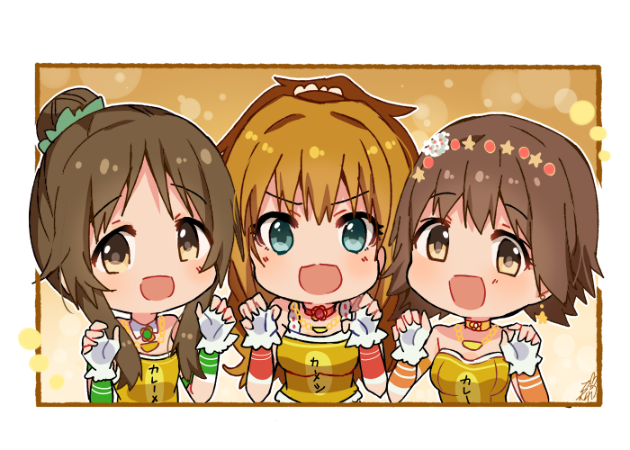 3girls :d bangs bare_shoulders blue_eyes blush brown_eyes brown_hair chibi choker claw_pose collar detached_collar eyebrows_visible_through_hair fingerless_gloves gloves hair_between_eyes hair_bun hair_ornament hands_up hino_akane_(idolmaster) honda_mio idolmaster idolmaster_cinderella_girls long_hair multiple_girls omuretsu open_mouth positive_passion red_choker shirt smile star star_hair_ornament strapless takamori_aiko upper_body very_long_hair white_collar white_gloves yellow_choker yellow_shirt