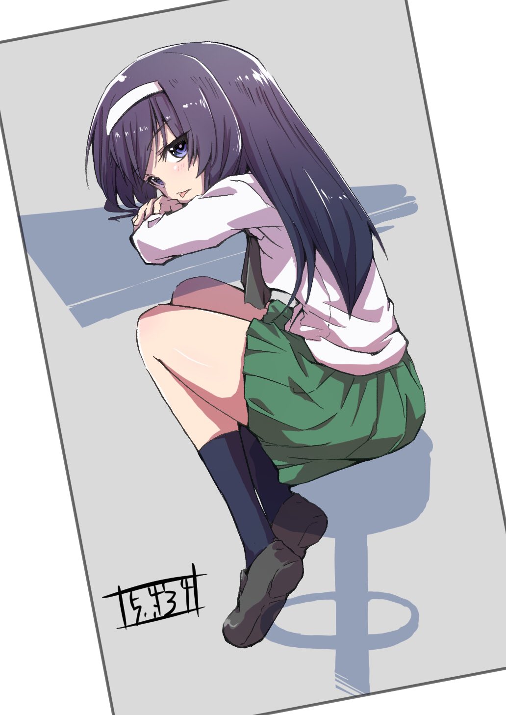 1girl :p alternate_eye_color artist_name bangs black_eyes black_hair black_legwear blouse bob_(you-u-kai) brown_footwear commentary elbow_rest eyebrows_visible_through_hair from_behind full_body girls_und_panzer green_skirt hairband highres leaning_forward light_blush loafers long_hair long_sleeves looking_at_viewer looking_back miniskirt ooarai_school_uniform pleated_skirt reizei_mako school_uniform shoes signature sitting skirt socks solo stool tongue tongue_out white_blouse white_hairband