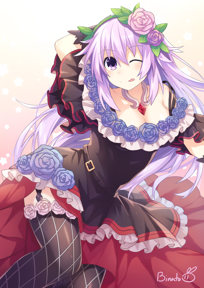 1girl ;d adult_neptune alternate_costume argyle argyle_legwear arm_up bare_shoulders binato_lulu black_dress black_legwear blush breasts cleavage commentary cosplay dress english_commentary flower frilled_dress frills garter_straps gloves granblue_fantasy hair_flower hair_ornament hairband hand_behind_head long_hair neptune_(series) one_eye_closed open_mouth purple_hair rose rosetta_(granblue_fantasy) rosetta_(granblue_fantasy)_(cosplay) seiyuu_connection shin_jigen_game_neptune_vii signature smile solo thigh-highs very_long_hair violet_eyes