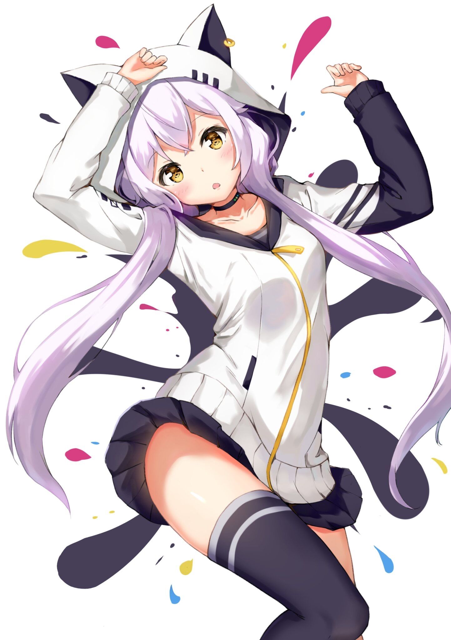 1girl animal_ears animal_hood arms_up azuma_lim azuma_lim_channel bangs black_choker black_legwear black_skirt blush breasts brown_eyes cat_ears cat_hood choker collarbone commentary_request ear_piercing eyebrows_visible_through_hair fake_animal_ears hair_between_eyes highres hood hood_up hooded_jacket jacket lemon_tea_(15058751917) long_hair long_sleeves low_twintails piercing pleated_skirt purple_hair skirt small_breasts solo thigh-highs twintails very_long_hair virtual_youtuber white_background white_jacket