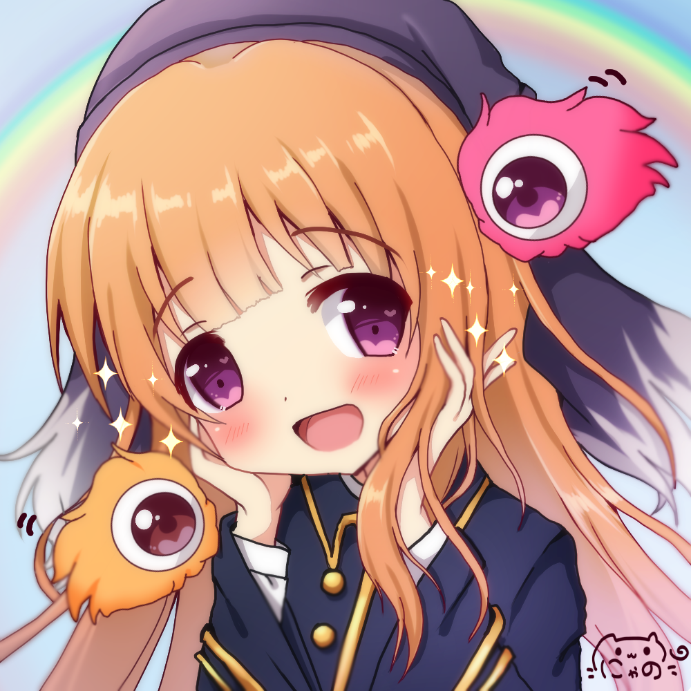 1girl :d bangs black_headwear black_jacket blush character_request commentary_request eyebrows_visible_through_hair hands_on_own_face hands_up hat head_tilt heart heart_in_eye jacket light_brown_hair long_hair long_sleeves nyano21 ooarai_school_uniform open_mouth princess_connect! princess_connect!_re:dive rainbow school_uniform signature smile solo sparkle symbol_in_eye upper_body violet_eyes wide_sleeves