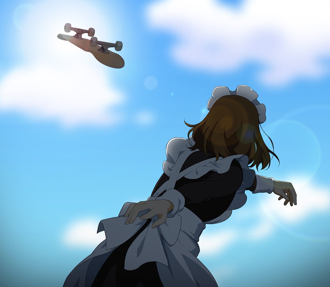 1girl apron brown_hair clouds cloudy_sky cowboy_shot day from_behind lens_flare long_sleeves maid maid_apron maid_headdress original outdoors short_hair skateboard sky solo suzushiro_(suzushiro333) throwing