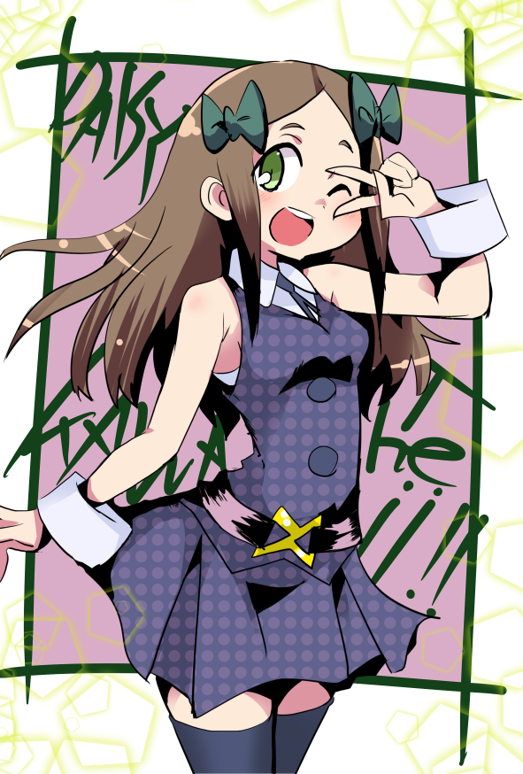 1girl blush bow breasts brown_hair character_name daisy_(little_witch_academia) green_bow green_eyes hair_bow hand_up hys-d little_witch_academia long_hair looking_at_viewer one_eye_closed open_mouth sleeveless smile solo thigh-highs v zettai_ryouiki
