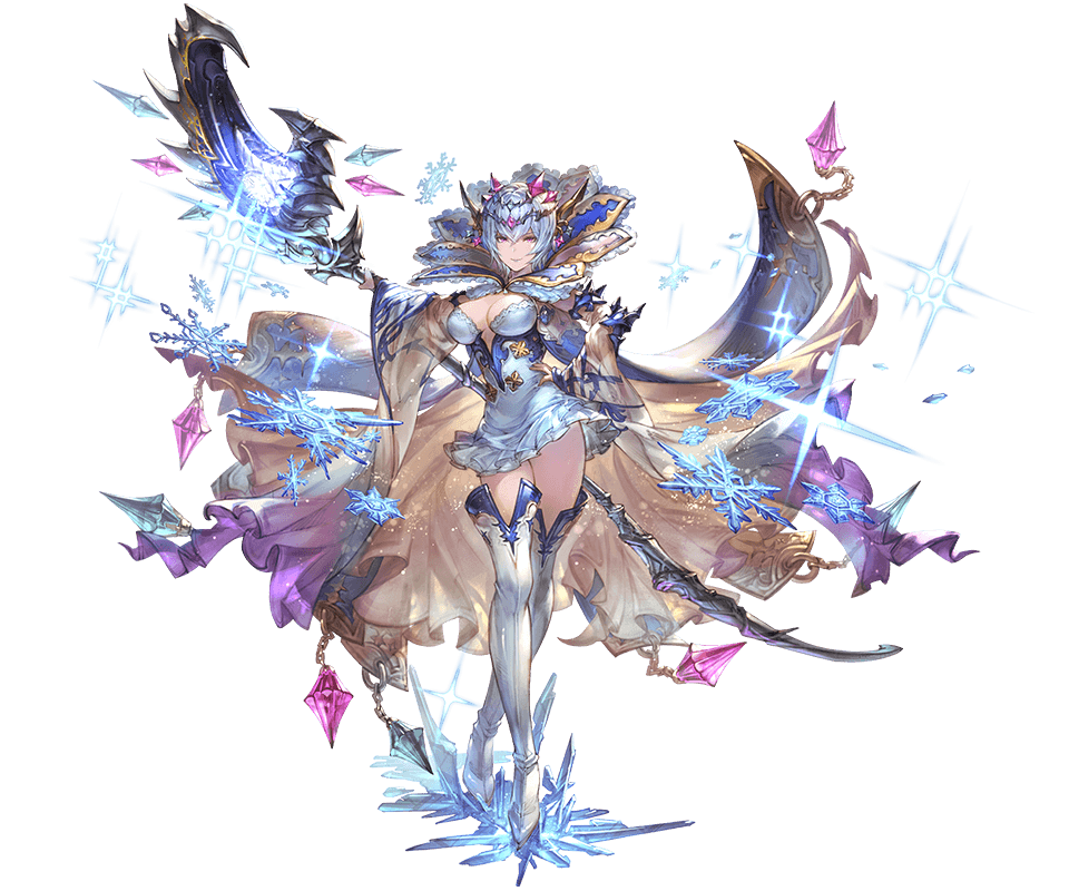 1girl bangs blue_hair boots breasts cape cleavage closed_mouth dress full_body granblue_fantasy hair_ornament hand_on_hip holding ice long_sleeves macula_marius medium_breasts minaba_hideo official_art pale_skin short_dress short_hair snowflakes staff standing thigh-highs thigh_boots transparent_background violet_eyes wide_sleeves zettai_ryouiki