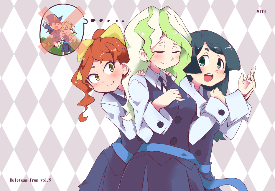 3girls :d aqua_eyes barbara_parker black_hair bow brown_eyes brown_hair checkered checkered_background closed_eyes collared_shirt cowboy_shot diana_cavendish hair_bow hands_on_shoulders hanna_england hys-d kagari_atsuko light_green_hair little_witch_academia long_hair long_sleeves multicolored_hair multiple_girls open_mouth ponytail shirt smile thought_bubble two-tone_hair white_shirt yellow_bow