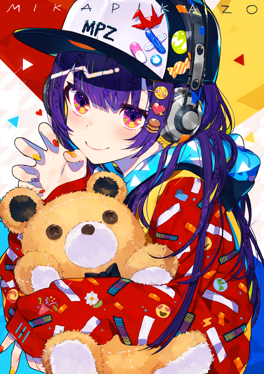 1girl artist_name bangs baseball_cap black_headwear blush closed_mouth commentary_request eyebrows_visible_through_hair fingernails hair_between_eyes hat hat_ornament headphones highres hood hood_down hooded_jacket jacket long_hair long_sleeves mika_pikazo multicolored multicolored_nails nail_polish object_hug orange_nails original puffy_long_sleeves puffy_sleeves purple_hair purple_nails red_eyes red_jacket red_nails sleeves_past_wrists smile solo stuffed_animal stuffed_toy teddy_bear upper_body very_long_hair violet_eyes yellow_nails