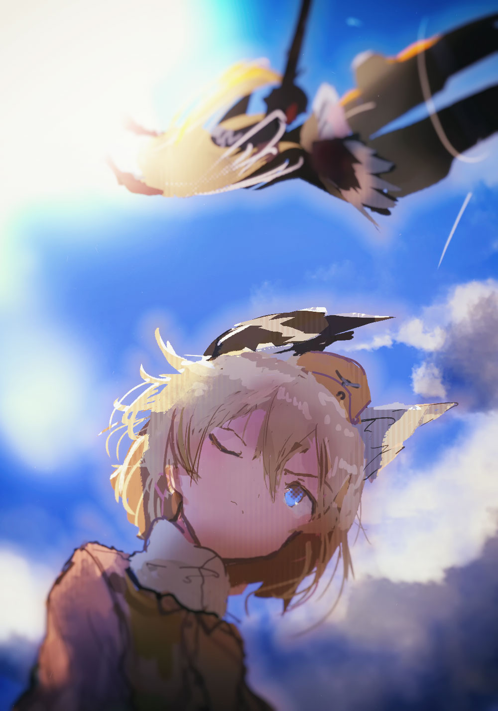 2girls blonde_hair blue_eyes blurry clouds condensation_trail flying from_below frown garrison_cap hanna-justina_marseille hat head_wings highres kabuyama_kaigi lens_flare long_hair military military_uniform multiple_girls one_eye_closed raisa_pottgen scarf short_hair sketch sky strike_witches striker_unit sun tail_feathers uniform world_witches_series