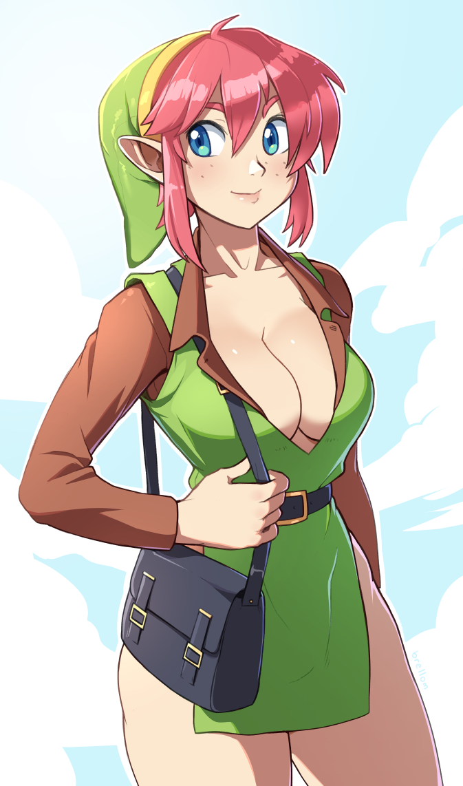 1girl adapted_costume bag bare_legs belt blue_eyes blue_sky breasts brellom brown_shirt cleavage collarbone commentary contemporary cowboy_shot day dress english_commentary freckles genderswap genderswap_(mtf) green_dress handbag hat light_smile link lips looking_to_the_side medium_breasts nintendo no_bra pink_hair plunging_neckline pointy_ears shirt side_slit sidelocks sky solo standing the_legend_of_zelda the_legend_of_zelda:_a_link_to_the_past thick_thighs thighs tunic unbuttoned unbuttoned_shirt