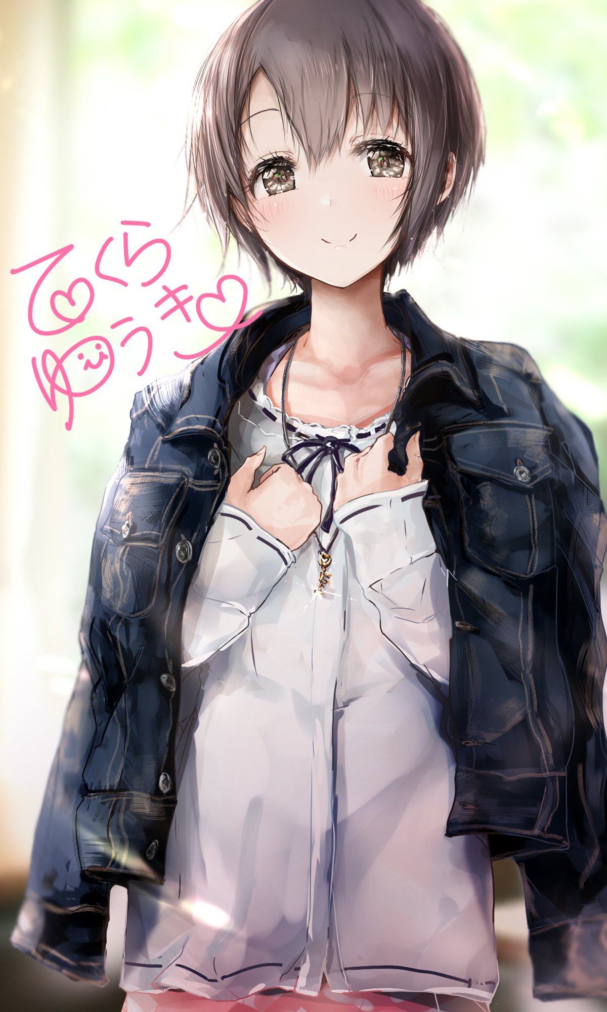 1girl black_eyes character_name cowboy_shot denim denim_jacket dress eyebrows_visible_through_hair grey_hair highres idolmaster idolmaster_cinderella_girls jacket_on_shoulders key_necklace looking_at_viewer otokura_yuuki redeye_(artist) short_hair simple_background smile solo white_background white_dress