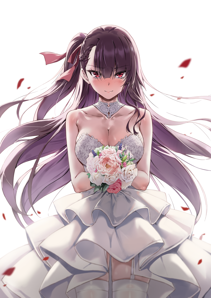 1girl bare_arms bare_shoulders blurry blush bouquet braid breasts cleavage closed_mouth collarbone cowboy_shot depth_of_field detached_collar dress embarrassed floating_hair flower french_braid garter_straps girls_frontline hair_ribbon holding holding_bouquet large_breasts layered_dress long_hair looking_at_viewer one_side_up petals pink_flower purple_hair rainmaker red_eyes red_flower ribbon rose simple_background smile solo standing thigh-highs very_long_hair wa2000_(girls_frontline) wedding_dress white_background white_dress white_flower white_legwear