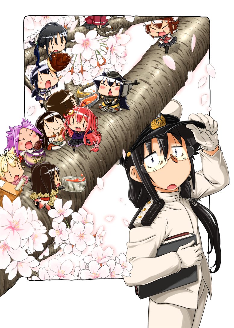 akagi_(kantai_collection) branch cherry_blossoms female_admiral_(kantai_collection) fubuki_(kantai_collection) glasses hat hyuuga_(kantai_collection) ikazuchi_(kantai_collection) jun'you_(kantai_collection) kantai_collection long_hair military military_hat military_uniform minigirl moroyan multiple_girls nagato_(kantai_collection) naval_uniform peaked_cap ryuujou_(kantai_collection) sendai_(kantai_collection) suzukaze_(kantai_collection) uniform uzuki_(kantai_collection) yuudachi_(kantai_collection)