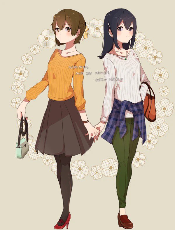 2girls alternate_hairstyle bag black_eyes black_hair black_jacket black_legwear brown_eyes brown_footwear brown_hair brown_skirt clothes_around_waist commentary_request floral_background fujisaki_(si_da) full_body green_pants grey_background high_heels hiryuu_(kantai_collection) jacket jacket_around_waist kantai_collection looking_at_viewer multiple_girls one_side_up orange_sweater pants pantyhose pleated_skirt red_footwear ribbed_sweater short_hair skirt souryuu_(kantai_collection) standing sweater white_sweater