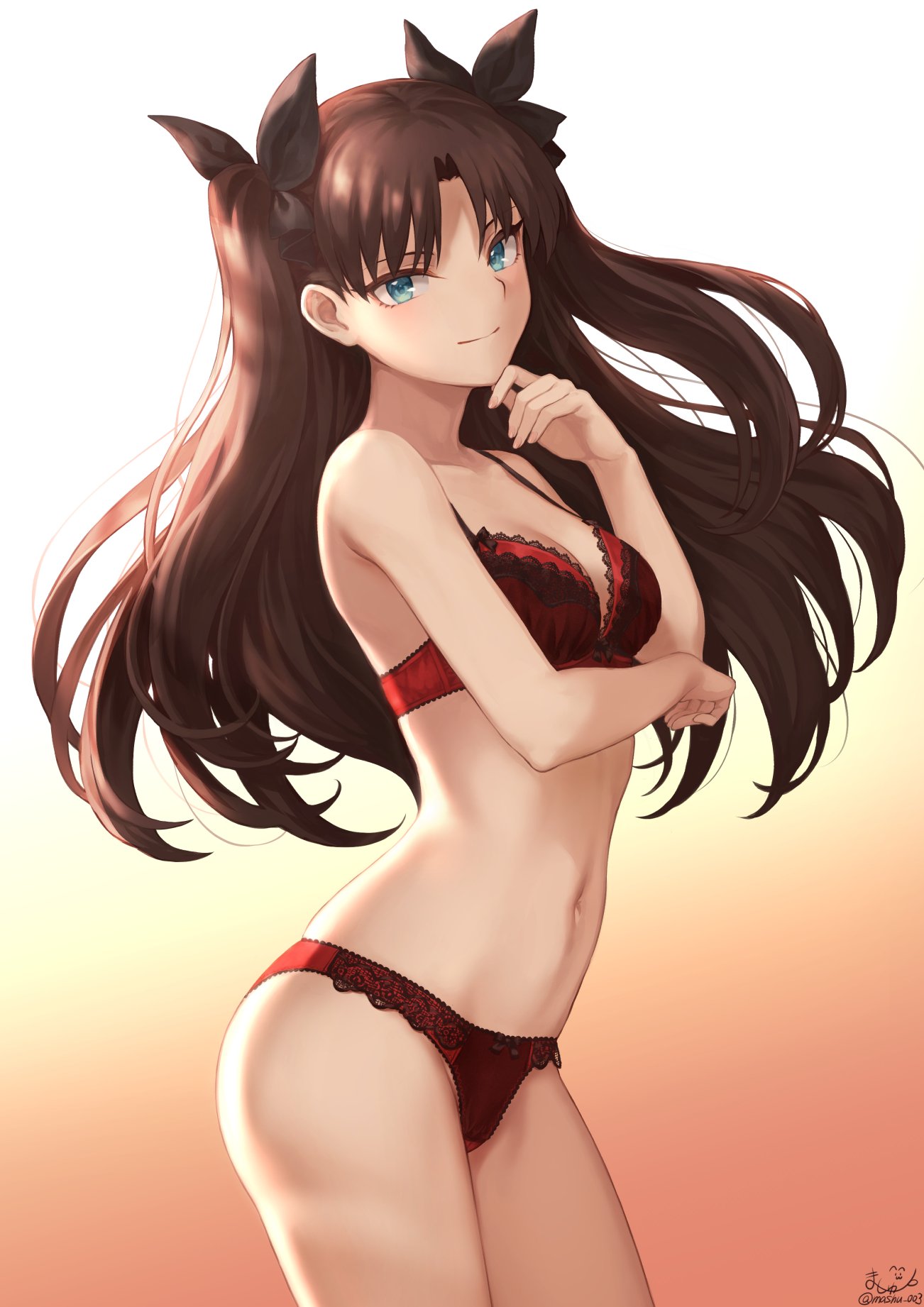 1girl bangs bare_shoulders black_ribbon blue_eyes blush bra breasts brown_hair closed_mouth fate/stay_night fate_(series) gradient gradient_background hair_ribbon hand_on_own_chin highres long_hair looking_at_viewer mashu_003 navel panties parted_bangs red_bra red_panties ribbon small_breasts smile solo thighs tohsaka_rin two_side_up underwear