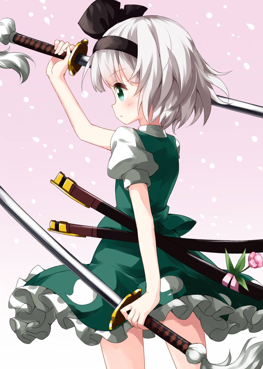 1girl arm_up bangs black_hairband black_ribbon blush commentary_request cowboy_shot dual_wielding eyebrows_visible_through_hair flower from_behind gradient gradient_background green_eyes green_skirt green_vest hair_ribbon hairband highres holding holding_sword holding_weapon katana konpaku_youmu petticoat pink_background pink_flower profile puffy_short_sleeves puffy_sleeves ribbon ruu_(tksymkw) scabbard sheath shirt short_hair short_sleeves silver_hair skirt skirt_set solo standing sword thighs touhou vest weapon white_background white_shirt