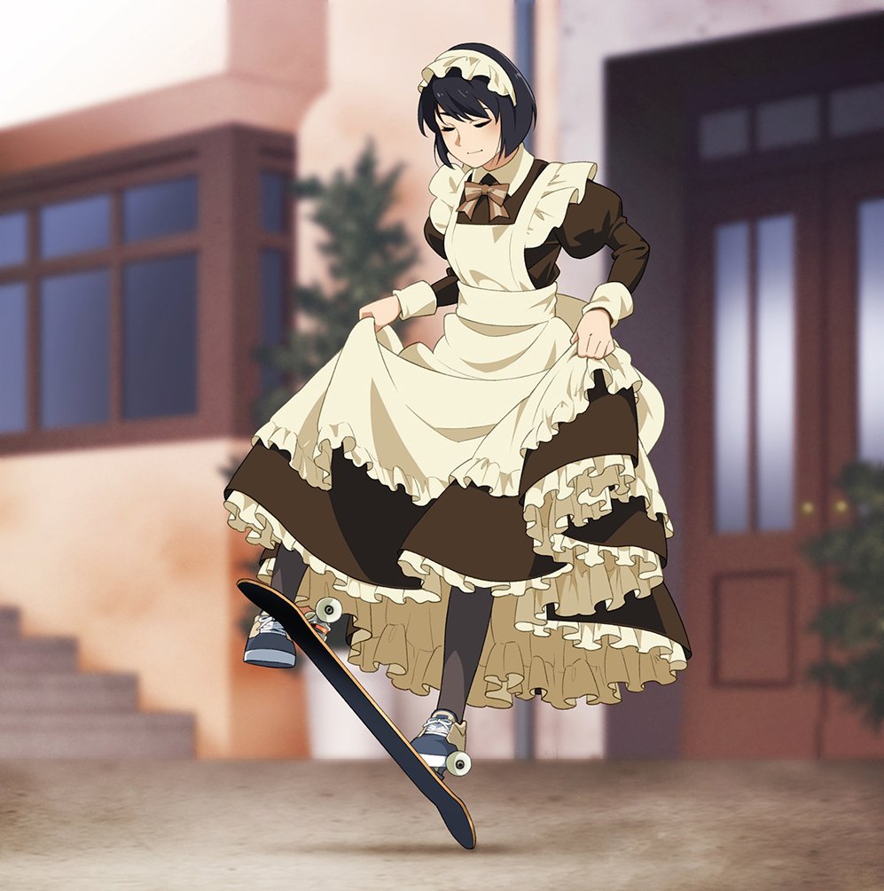 1girl apron black_hair black_legwear blurry blurry_background bow bowtie breasts building closed_eyes curtsey day door dress frilled_dress frills full_body long_sleeves maid maid_apron maid_headdress medium_breasts original outdoors plant puffy_long_sleeves puffy_sleeves shoes short_hair skateboard skirt_hold sneakers solo stairs suzushiro_(suzushiro333) window