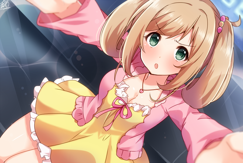 1girl bangs blush breasts cleavage couch dress dutch_angle eyebrows_visible_through_hair frilled_dress frills green_eyes heart heart_necklace idolmaster idolmaster_cinderella_girls jacket light_brown_hair long_hair medium_breasts omuretsu on_couch open_clothes open_jacket outstretched_arms parted_lips pink_jacket pleated_dress satou_shin signature sitting solo strapless strapless_dress twintails v-shaped_eyebrows yellow_dress