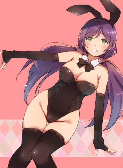 1girl animal_ears black_gloves black_legwear black_neckwear bow bowtie breasts cleavage clenched_teeth detached_collar deyuuku elbow_gloves eyebrows_visible_through_hair fingerless_gloves gloves green_eyes large_breasts long_hair looking_at_viewer love_live! love_live!_school_idol_project low_twintails pink_background purple_hair rabbit_ears smile solo teeth thigh-highs toujou_nozomi twintails