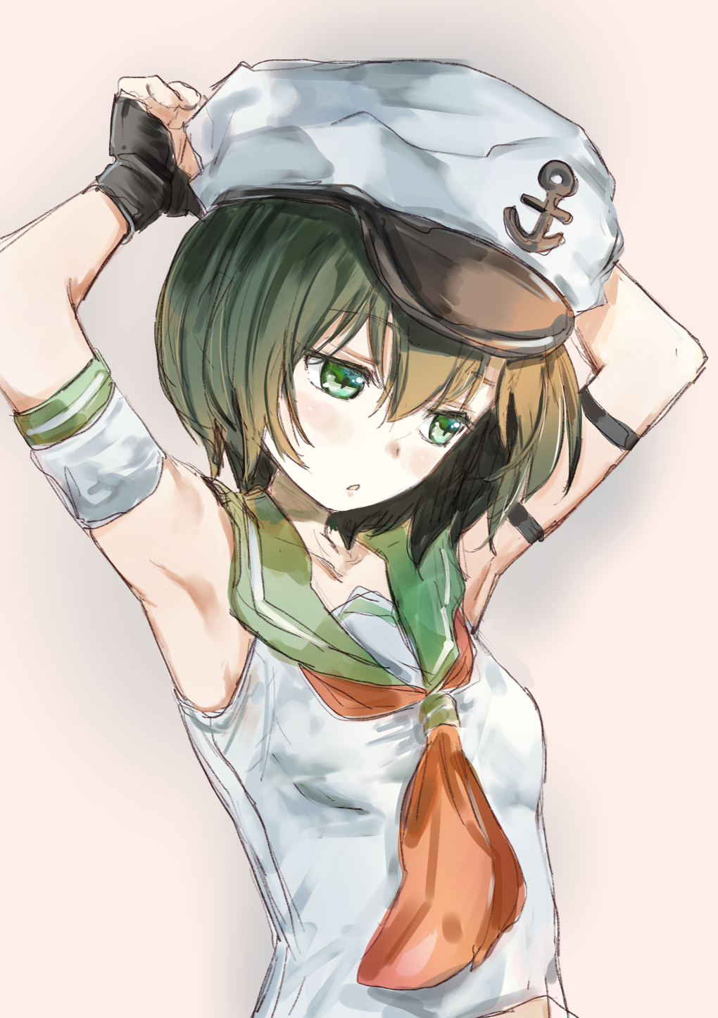 1girl adapted_costume anchor_symbol armpits arms_up beige_background black_gloves blush breasts collarbone commentary_request detached_sleeves eyebrows_visible_through_hair fingerless_gloves gloves green_eyes green_hair green_sailor_collar hair_between_eyes hat highres looking_away looking_down murasa_minamitsu neckerchief parted_lips red_neckwear sailor_collar sailor_hat sailor_shirt shirt short_hair single_detached_sleeve small_breasts solo touhou upper_body white_headwear white_shirt white_sleeves yohane