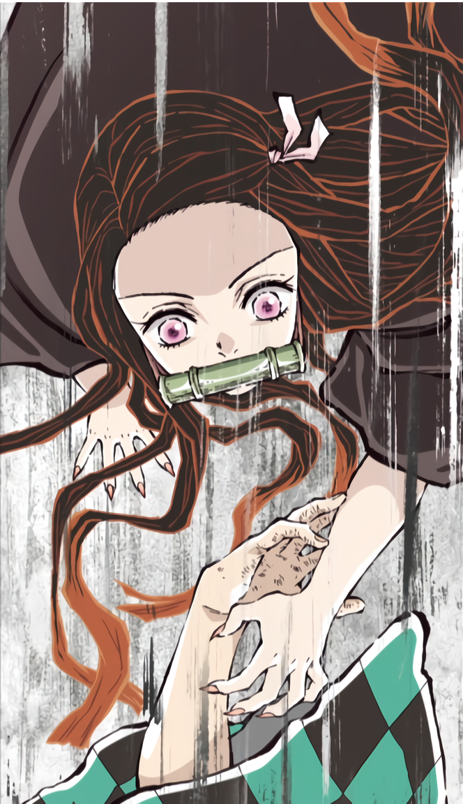 1boy 1girl artist_request black_hair falling green_kimono hand_up injured_hand japanese_clothes kamado_nezuko kimetsu_no_yaiba kimono monster_girl official_art orange_hair pink_eyes waifu2x