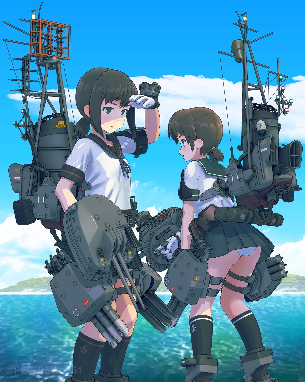 2girls 551 adapted_turret anchor_symbol black_eyes black_hair black_legwear black_sailor_collar black_skirt blue_sailor_collar blue_skirt blue_sky clouds day feet_out_of_frame fubuki_(kantai_collection) full_body gloves gradient_sky highres kantai_collection kneehighs leaning_forward low_ponytail machinery mast mountain multiple_girls outdoors panties pantyshot pleated_skirt ponytail remodel_(kantai_collection) sailor_collar scenery school_uniform serafuku shading_eyes shirayuki_(kantai_collection) short_ponytail sidelocks skirt sky smokestack standing torpedo_launcher twitter_username underwear water white_gloves white_panties