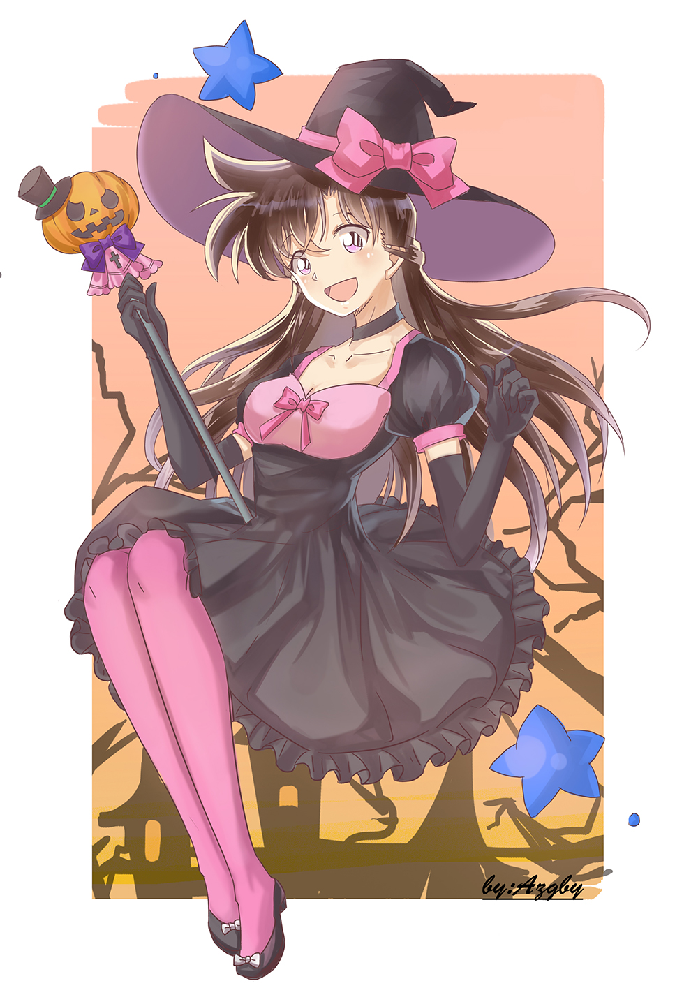 1girl :d artist_name azgby black_dress black_gloves black_headwear blush bow breasts brown_eyes brown_hair cleavage collarbone dress elbow_gloves floating_hair frilled_dress frills full_body gloves halloween halloween_costume hat hat_bow hat_ribbon highres holding long_hair medium_breasts meitantei_conan mini_hat mouri_ran open_mouth pantyhose pink_bow pink_legwear pink_ribbon pumpkin purple_neckwear ribbon short_dress short_sleeves smile solo very_long_hair white_background witch_hat