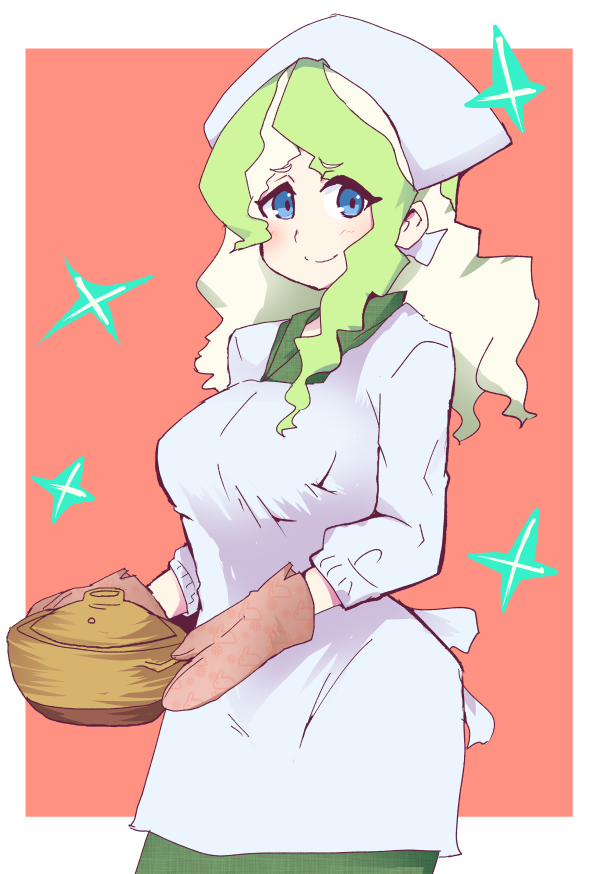 1girl blue_eyes blush border breasts chef_uniform cowboy_shot diana_cavendish dress eyebrows_visible_through_hair eyes_visible_through_hair green_dress holding_pot hys-d large_breasts light_green_hair little_witch_academia long_hair long_sleeves looking_at_viewer mittens multicolored_hair oven_mitts pot red_background solo two-tone_hair white_border white_headwear