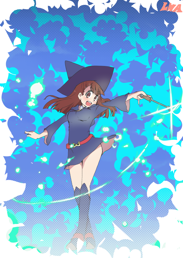 1girl :d bangs blunt_bangs blush breasts brown_eyes brown_hair eyebrows_visible_through_hair full_body halftone hat hys-d kagari_atsuko little_witch_academia long_hair long_sleeves looking_at_viewer luna_nova_school_uniform open_mouth outstretched_arms pinky_out school_uniform smile solo thighs wand witch witch_hat