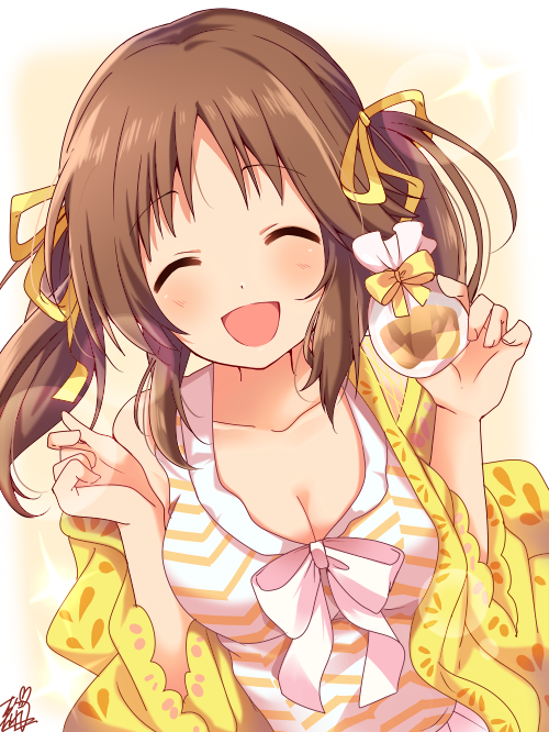 1girl :d ^_^ bag blush breasts brown_hair checkerboard_cookie cleavage closed_eyes closed_eyes collarbone cookie dress facing_viewer food hair_ribbon hands_up holding idolmaster idolmaster_cinderella_girls jacket long_hair long_sleeves medium_breasts omuretsu open_clothes open_jacket open_mouth plastic_bag ribbon signature sleeveless sleeveless_dress smile solo sparkle totoki_airi twintails upper_body white_dress yellow_jacket yellow_ribbon