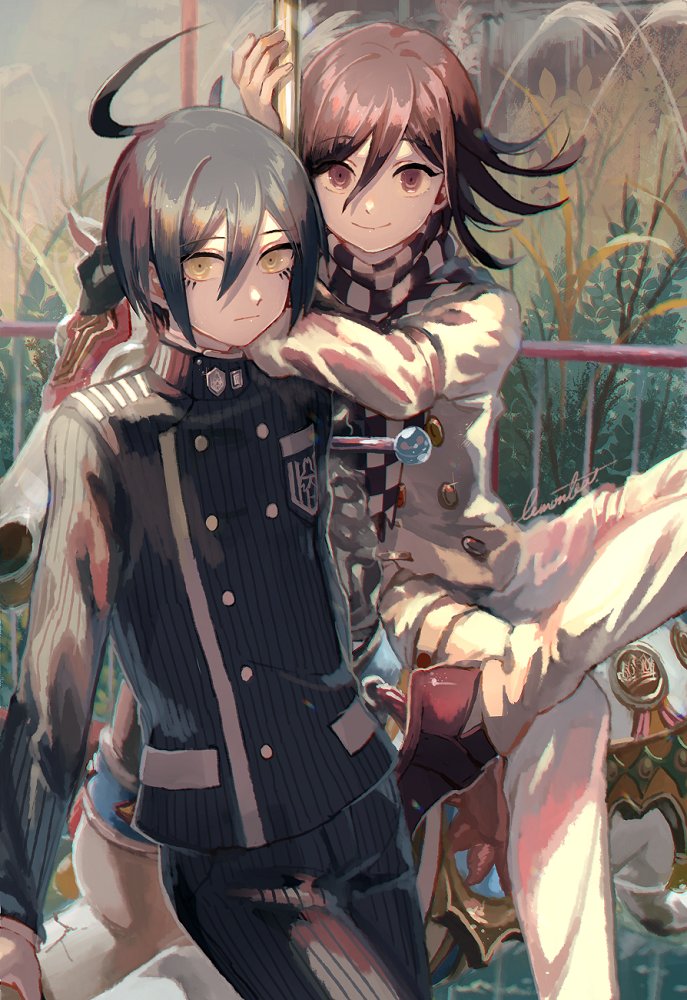 2girls ahoge black_jacket black_pants brown_eyes brown_hair checkered checkered_scarf dangan_ronpa eyebrows_visible_through_hair hair_between_eyes hand_on_another's_shoulder jacket legs_crossed lemontea long_sleeves looking_at_viewer multiple_girls new_dangan_ronpa_v3 ouma_kokichi outdoors pants saihara_shuuichi scarf shiny shiny_hair short_hair signature smile standing striped vertical-striped_jacket vertical-striped_pants vertical_stripes white_pants yellow_eyes