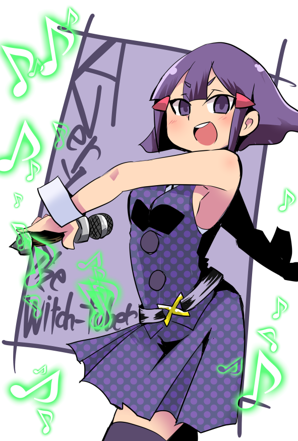1girl avery_(little_witch_academia) bangs blush breasts cowboy_shot eighth_note eyebrows_visible_through_hair hair_ornament hairclip hys-d little_witch_academia looking_at_viewer microphone musical_note open_mouth purple_hair short_hair sleeveless solo thigh-highs violet_eyes zettai_ryouiki