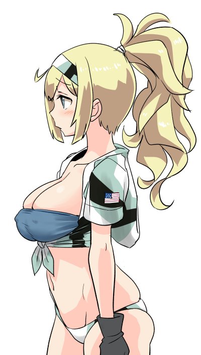 1girl adapted_costume alternate_hairstyle american_flag bikini black_gloves blonde_hair blue_eyes breasts cleavage collarbone commentary_request cowboy_shot gambier_bay_(kantai_collection) gloves groin hairband kantai_collection large_breasts mismatched_bikini multicolored multicolored_clothes multicolored_gloves navel ponytail profile shirt simple_background solo swimsuit tamu_(mad_works) tied_shirt white_background