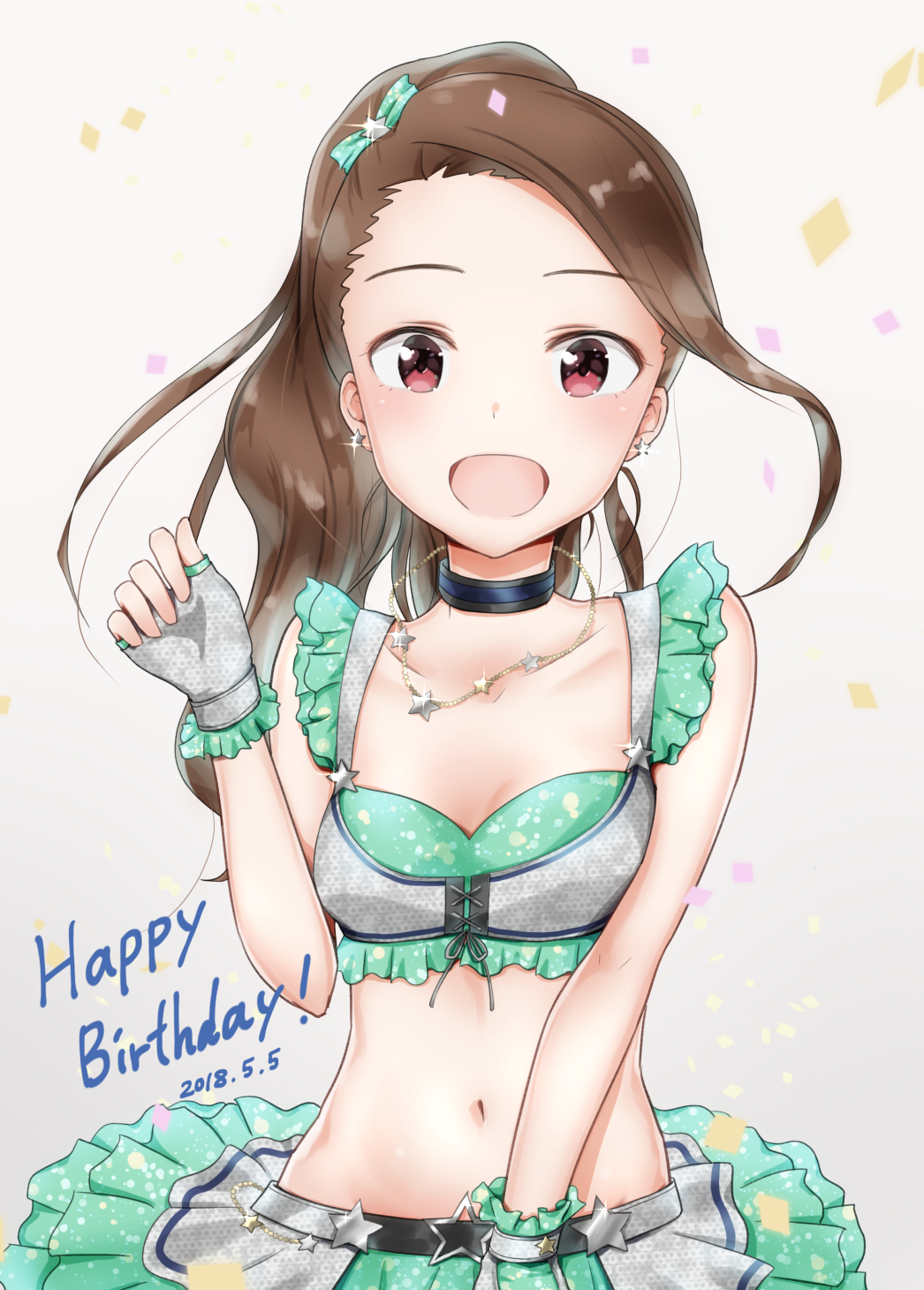 1girl 2018 :d alternate_hairstyle belt bow breasts brown_hair choker cleavage collarbone dated earrings eyebrows_visible_through_hair fingerless_gloves floating_hair gloves green_bow grey_gloves hair_bow hair_ornament happy_birthday highres idolmaster idolmaster_(classic) jewelry layered_skirt long_hair looking_at_viewer midriff minase_iori miniskirt mogskg navel necklace open_mouth ponytail red_eyes skirt sleeves small_breasts smile solo sparkle standing star star_earrings star_hair_ornament star_necklace stomach upper_body white_background