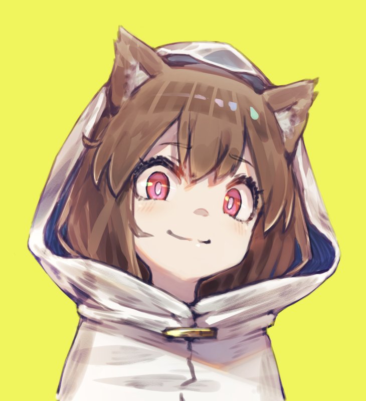 1girl animal_ears brown_hair cloak commentary_request hood hood_up hooded_cloak kakura_mina original portrait red_eyes simple_background smile yellow_background