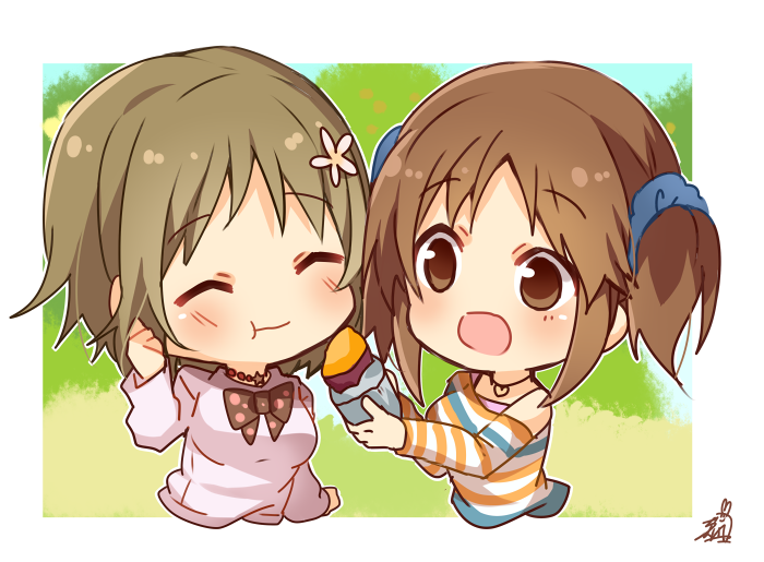 2girls :d :t ^_^ bare_shoulders blue_scrunchie blush brown_eyes brown_hair chibi closed_eyes closed_eyes closed_mouth cropped_torso eating feeding flower food hair_flower hair_ornament hair_scrunchie heart heart_necklace holding holding_food idolmaster idolmaster_cinderella_girls long_sleeves mimura_kanako multiple_girls off_shoulder omuretsu open_mouth scrunchie shirt signature smile striped striped_shirt sweet_potato totoki_airi twintails upper_body white_flower white_shirt yakiimo