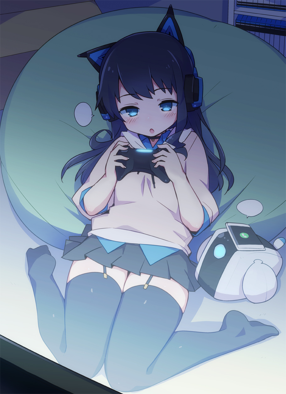 1girl :o alice_gear_aegis bangs black_hair black_legwear black_skirt blank_speech_bubble blue_eyes blush cat_ear_headphones cellphone commentary_request controller cushion dualshock eyebrows_visible_through_hair game_controller gamepad garter_straps headphones highres holding indoors koashi_mutsumi long_hair lying miniskirt on_back open_mouth phone playing_games pleated_skirt screen_light skirt sleeves_pushed_up solo speech_bubble stroma sweater thigh-highs zettai_ryouiki