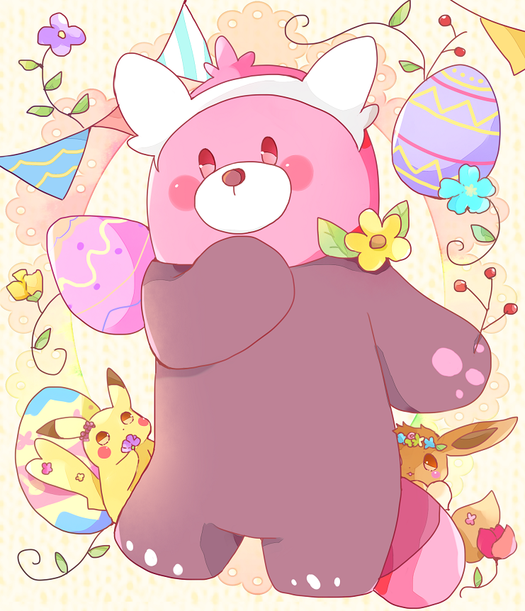 3others bear bewear blue_flower blush_stickers brown_background commentary creatures_(company) easter easter_egg eevee egg english_commentary evolution_(specie) flower game_freak gen_1_pokemon gen_7_pokemon green_flower mouse nintendo no_humans pennant pikachu pokemon pokemon_(creature) pokemon_let's_go pokemon_rgby pokemon_sm purple_flower standing string_of_flags striped striped_background tsukiyo_(skymint) vertical-striped_background vertical_stripes yellow_flower