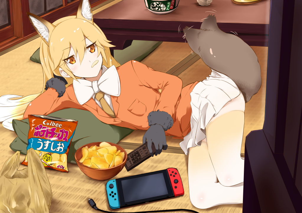 1girl afterimage alternate_legwear animal_ear_fluff animal_ears bag bow bowl bowtie breast_pocket chips coat commentary_request controller eating extra_ears eyebrows_visible_through_hair ezo_red_fox_(kemono_friends) food food_in_mouth fox_ears fox_tail fur_trim game_console gloves gradient_hair gradient_legwear kawayoshi kemono_friends long_hair long_sleeves lying multicolored multicolored_clothes multicolored_hair multicolored_legwear necktie nintendo_switch on_side orange_coat orange_eyes orange_hair orange_legwear orange_neckwear pillow plastic_bag pleated_skirt pocket remote_control skirt solo tail tail_wagging thigh-highs white_hair white_legwear white_neckwear zettai_ryouiki